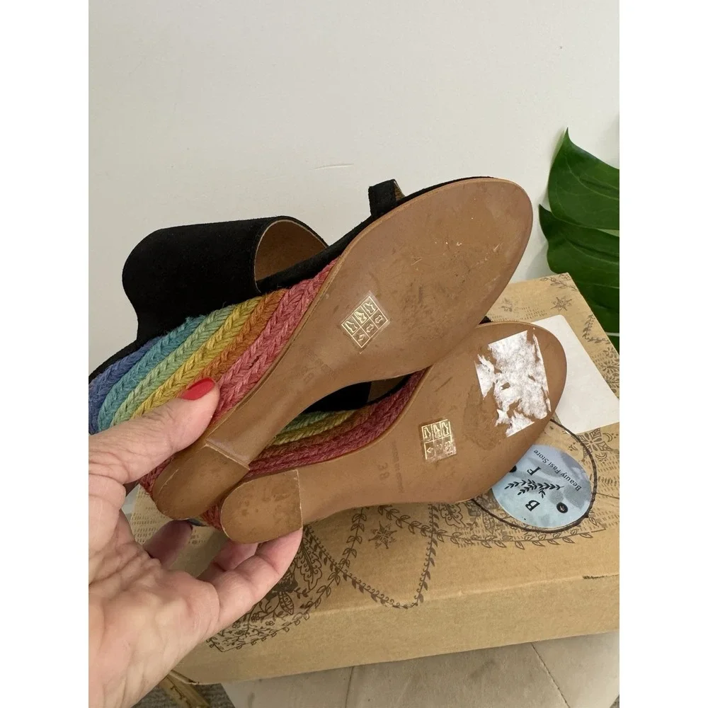 Free‎ People Women's Glorieta Black Suede Espadrille Rainbow Wedge Sz 38 NIB